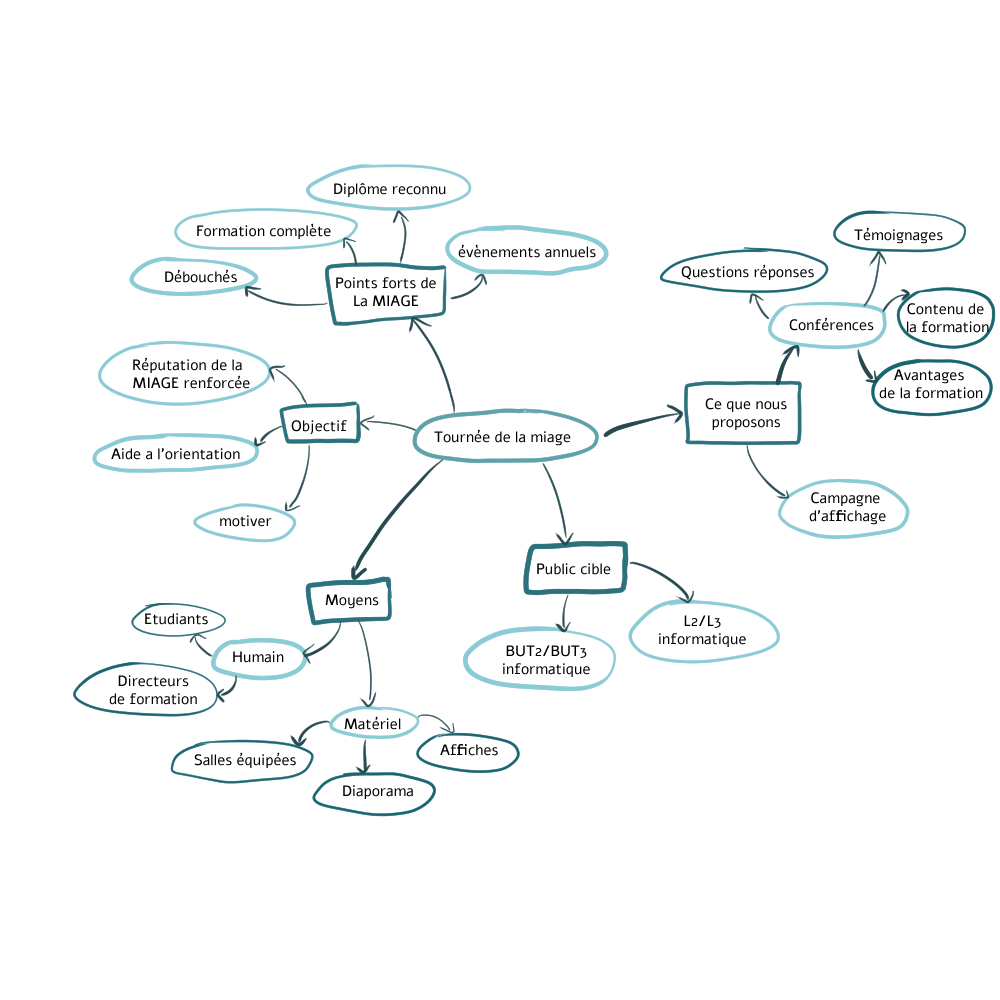 Carte mentale du projet « La Tournée de la MIAGE »